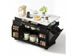 Desserte de cuisine mobile avec plateau rabattable, prise et espace poubelle, sur roulettes, noire, 138 × 86 × 92 cm
