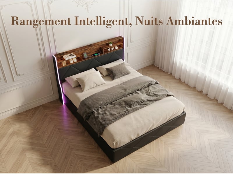  Lit coffre 160x200 cm - cuir pu noir avec led rgb, prises, étagère et rangement  - Conforama D