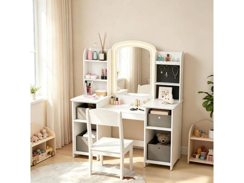 Coiffeuse enfant avec miroir led 2 couleurs 104x40x112 cm-tabouret-6 étagères-4 tiroirs tissu-mdf-blanc-3 à 8 ans - Conforama B