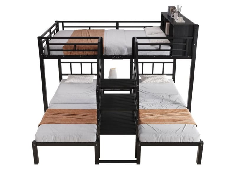  Lit superposé pour enfant 3 places noir structure métal robuste, escalier confortable à rampe, 90x200cm +140x200cm  - Conforama A