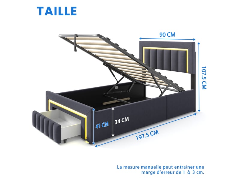  Lit coffre enfant 90x190 cm avec led blanc chaud, coffre hydraulique et tiroir, sommier à lattes, velours gris anthracite  - Conforama C