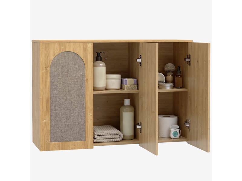 Armoire murale de salle de bain bohème avec 3 portes effet rotin à fermeture douce et étagère réglable, chêne - Conforama A