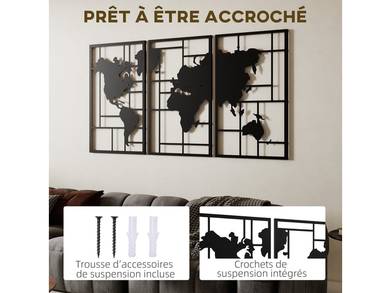  Lot de 3 décorations murales en métal moderne, sculpture murale en métal géométriques abstraites, noir, 50 x 80 cm  - Conforama E