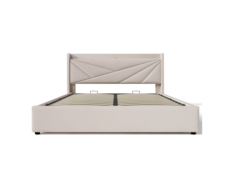 Lit coffre double 160×200 cm avec usb et type-c - okmyhome- matelas inclus, tissu coton et lin beige - Conforama A