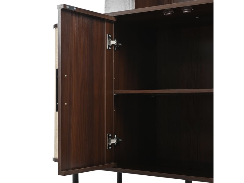 Buffet de rangement, avec 8 portes, façades tressées, poignées noires et pieds en fer, mdf noyer, 120×20×180 cm  - Conforama E