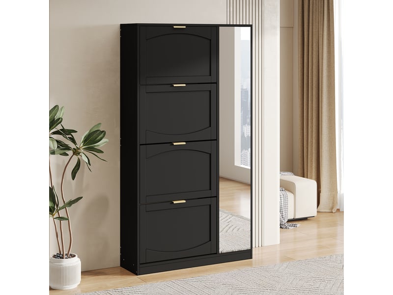  Meuble à chaussures 80x24x147 cm avec miroir, 4 abattants et étagères réglables, rangement gain de place - Noir Fay Lum - Conforama D