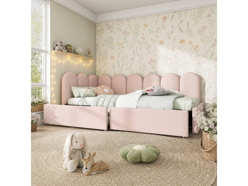  Lit banquette 90x200 cm en velours rose avec 2 tiroirs et sommier à lattes  - Conforama C