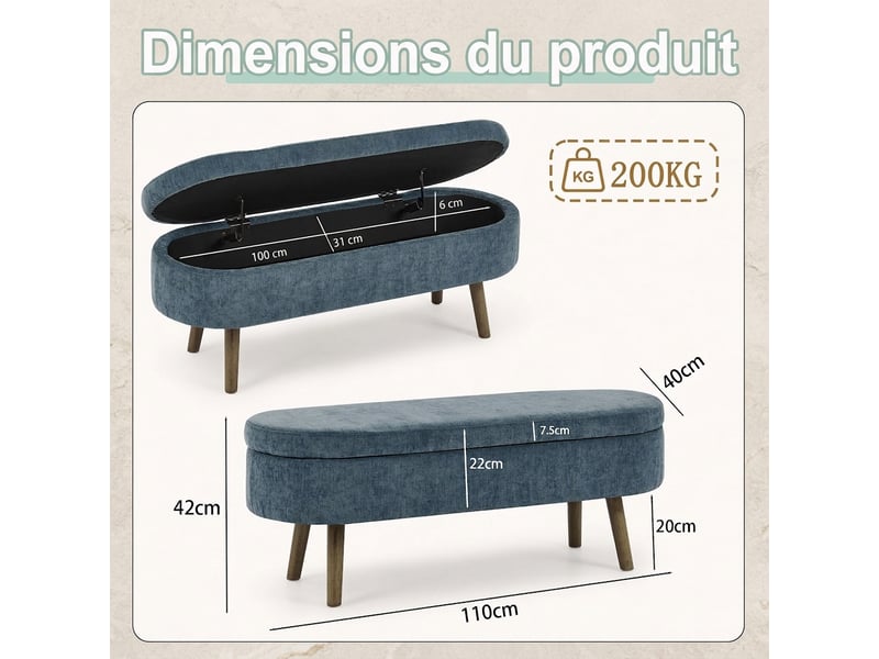  Banc de rangement bleu 110 cm en tissu chenille, forme ovale, pieds en bois  - Conforama C