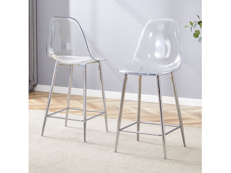  Tabouret de bar lot de 2 avec coque transparente, repose-pieds et piètement métallique en plastique argenté  - Conforama E
