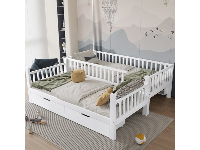  Lit superposé enfant 200×90 cm séparable en 2 lits simples, avec tiroirs et étagères, sans matelas, blanc  - Conforama B