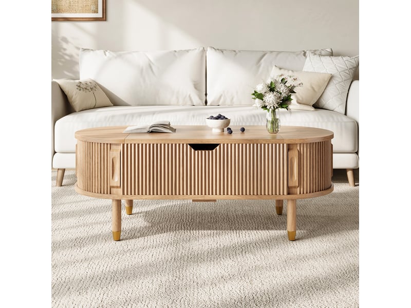  Table basse tcqpz ovale relevable 110 x 48 x 57 cm rangement mdf naturel  - Conforama E
