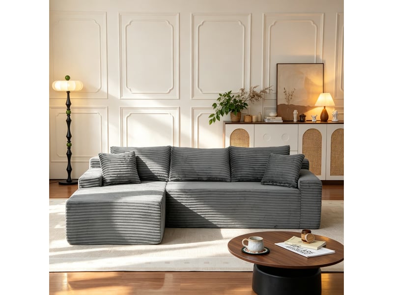  Canapé d’angle en velours côtelé, canapé de sol luxueux, mousse compacte, gauche, salonchambre, 79x239x156 cm, gris  - Conforama D