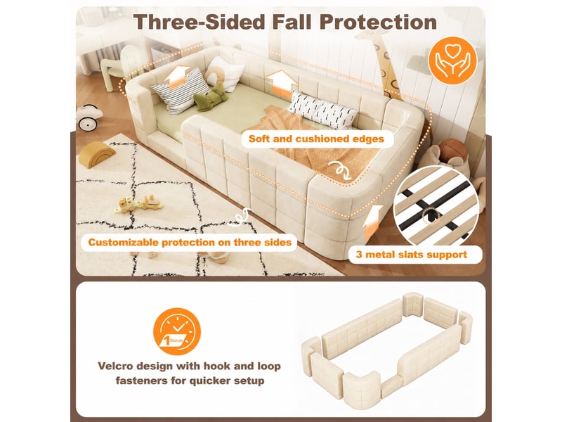  Lit enfant 90 x 190 cm bas avec barrières, sommier à lattes, chenille beige  - Conforama E