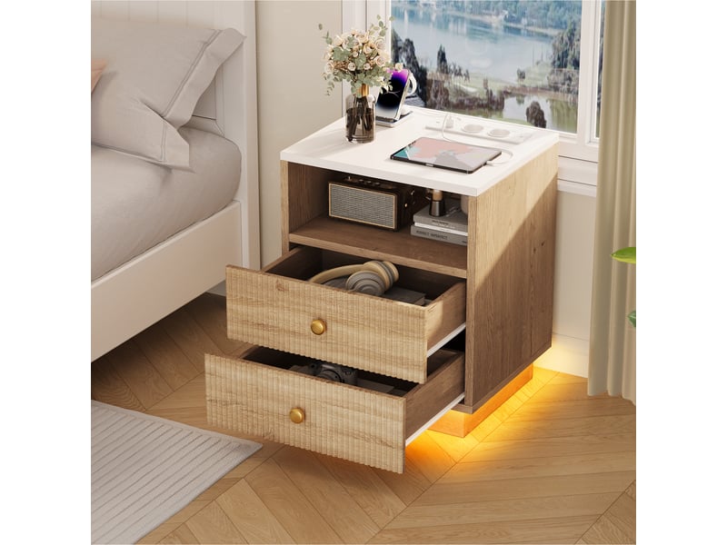 Ensemble de table de chevet, imitation bois, avec station de recharge, lumière led, 2 tiroirs, bois - Conforama E