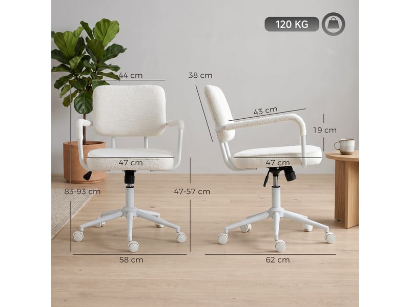  Chaise bureau ergonomique, fauteuil de bureau en tissu bouclette avec hauteur réglable, fonction bascule, crème  - Conforama C