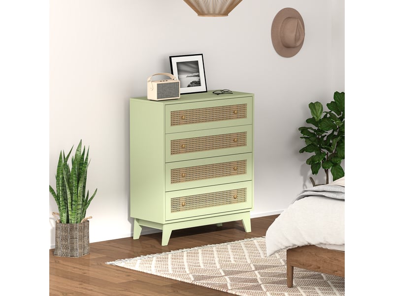  Commode 4 tiroirs meuble de rangement cannage en rotin aspect bois clair vert 80 x 35 x 95 cm  - Conforama D