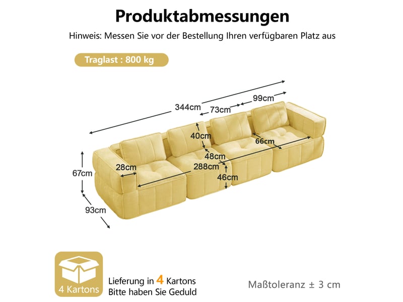  Canapé 4 places modulaire 344x93x67 cm, sans structure, mousse haute densité 32d, design, polyester, jaune  - Conforama C