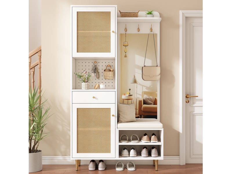 Ensemble vestiaire 99 x 35 x 180 cm – blanc et naturel – banc, miroir, portes en rotin et panneau perforé - Conforama D