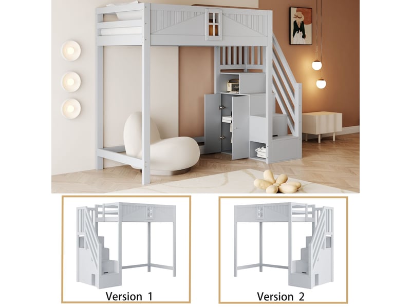  Lit mezzanine 90x200 cm bois massif - lit simple - escalier rangement réversible, porte sécurité avec fenêtre, gris  - Conforama D