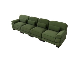 Canapé droit modulable 336 cm 4 places, design carré épuré, base et accoudoirs à matelassage en canaux, coussin lombaire, velours côtelé, vert