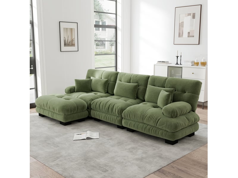  Canapé d'angle ulevr modulable 3 places avec ottoman mobile, chenille vert, 313 x 145 x 81 cm  - Conforama E