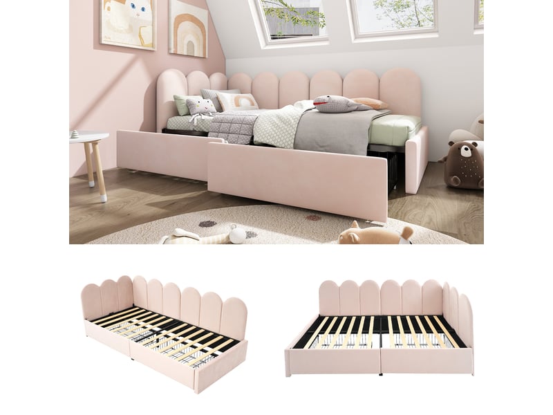  Lit banquette 90x190 cm velours rose avec tiroirs de rangement - canapé lit capitonné avec sommier  - Conforama W