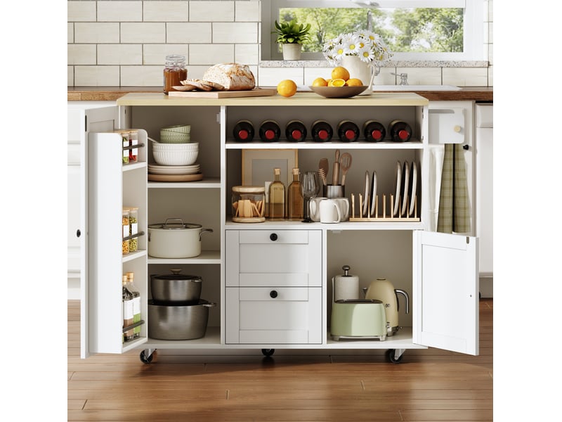 Desserte de cuisine 104x69x89 cm en mdf blanc et naturel avec plateau rabattable - Conforama E