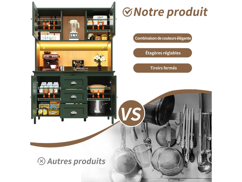  Meuble de cuisine muvano vert, buffet haut avec portes vitrées brunes et éclairage led, 120 x 40 x 179 cm  - Conforama R