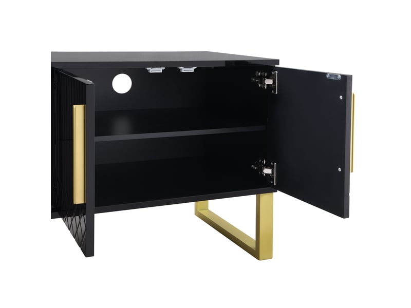  Meuble tv laqué haute brillance 170x40x53.5 cm, au design sculpté avec poignées et pieds dorés, structure mdf, noir  - Conforama E