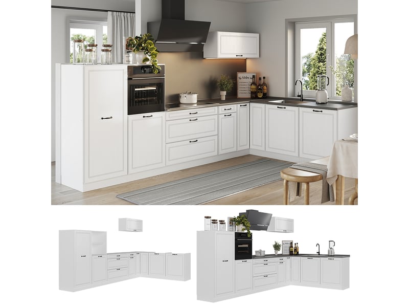 Vicco cuisine en angle, blanc campagneblanc, 347 x cm plan de travail chêne doré - Conforama D