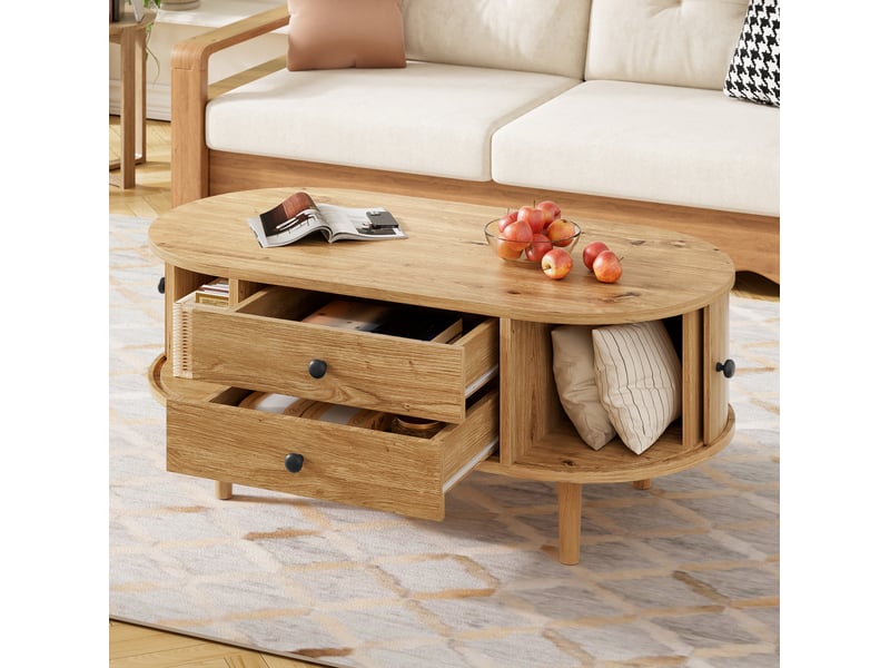  Table salon rangement basse compacte 100 cm 50 cm mdf chene portes coulissantes homvra  - Conforama C