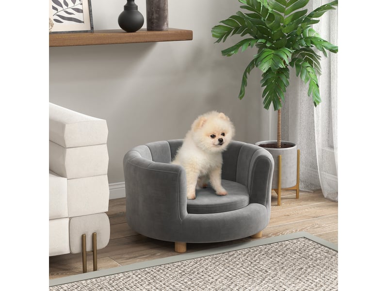  Canapé pour votre petit compagnon gris en tissu lavable, dossier enveloppant, coussin en mousse et pieds en bois, jusqu'à 4,5 kg  - Conforama B