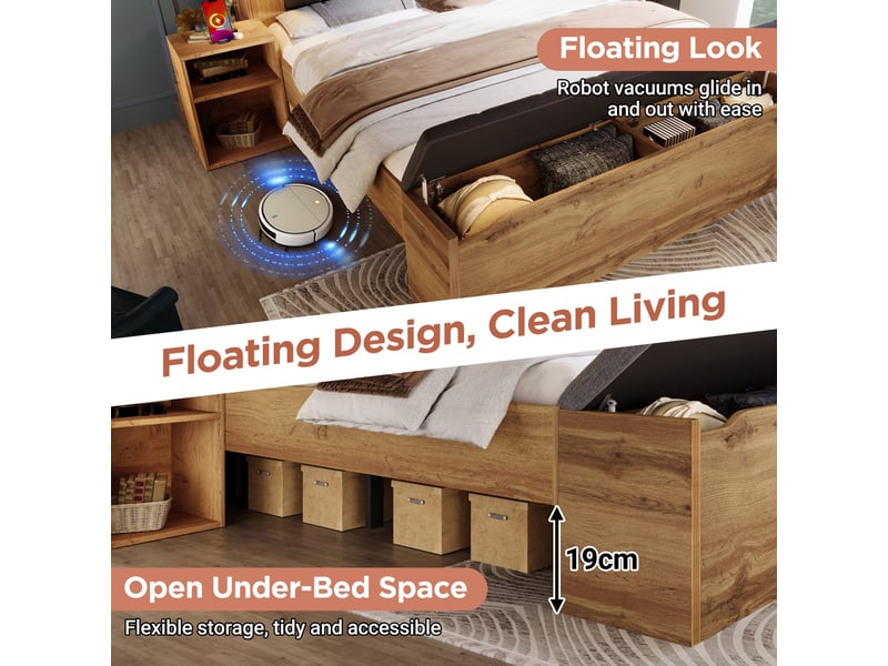  Lit avec rangement 160x200 cm, étagères, éclairage led, ports usb, tables de chevet, banc de lit, pour chambre adulte - chêne  - Conforama D