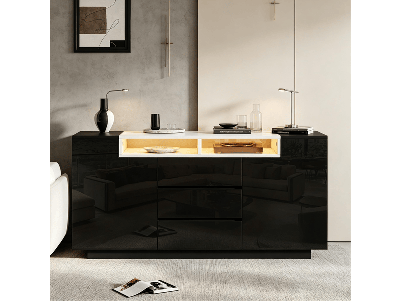Buffet bas 2 portes 3 tiroirs avec led 140 cm homvra - Conforama D