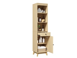 Meuble de salle de bain- 40x36x172cm - meuble haut cannelé avec porte réversible, tiroir & 3 niches - bois naturel
