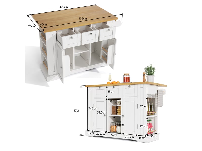  Desserte de cuisine mobile 132 x 70 x 87 cm, blanc et naturel en mdf, plan de travail rabattable avec prises usb  - Conforama C