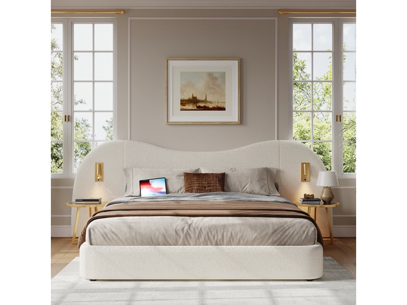  Lit double rembourré 180 x 200 cm avec coffre hydraulique, port usb, lampe de lecture et dossier extra-long, bouclé blanc  - Conforama D