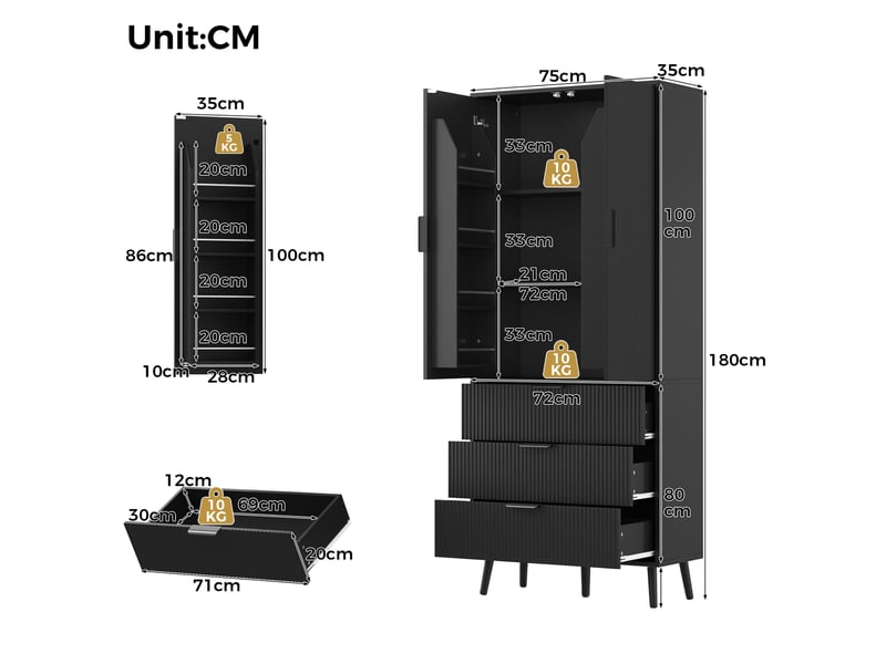  Armoire de cuisine haute 75x35x180 cm, 2 portes et 3 tiroirs, noir  - Conforama C