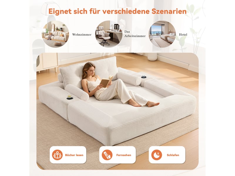  Canapé droit convertible 2 places en velours côtelé beige 180x98x80 cm, avec poches, porte-gobelet, salon séjour 180x98x80cm - Conforama W
