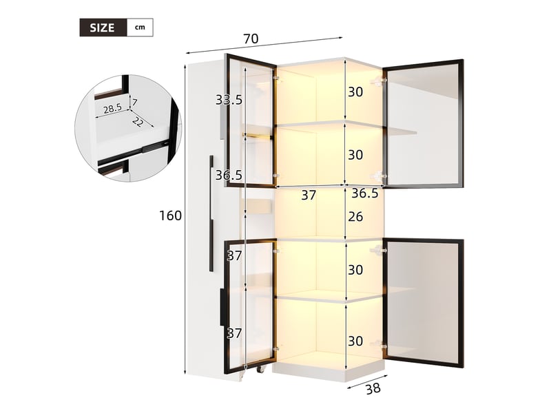  Vitrine en verre blanc, vitrine 70x38x160 cm en mdf, meuble vitrine avec éclairage led et étagère coulissante pour salon  - Conforama C