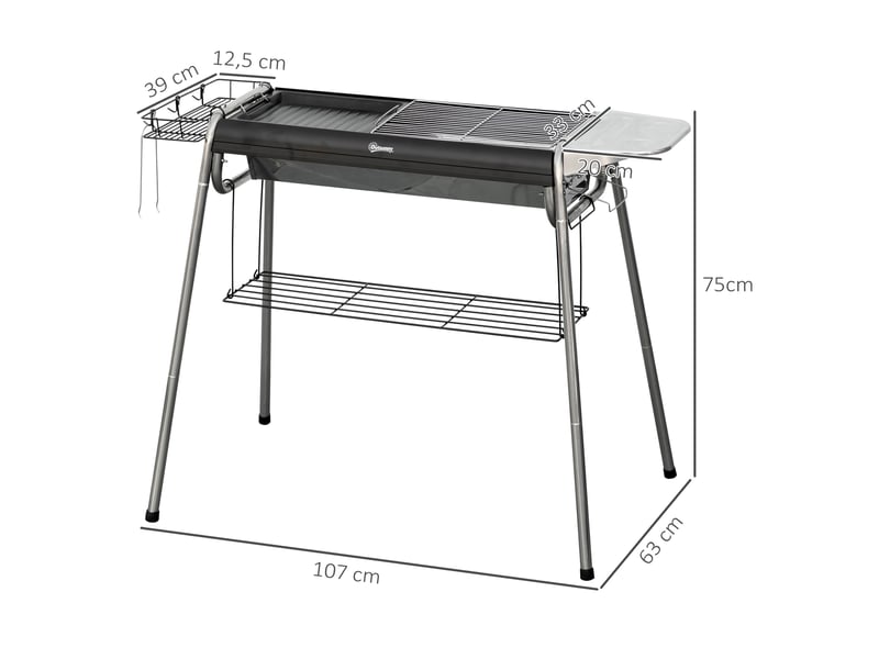  Barbecue au charbon avec grille en acier inoxydable, plancha et étagères, 107 x 63 x 75 cm  - Conforama E