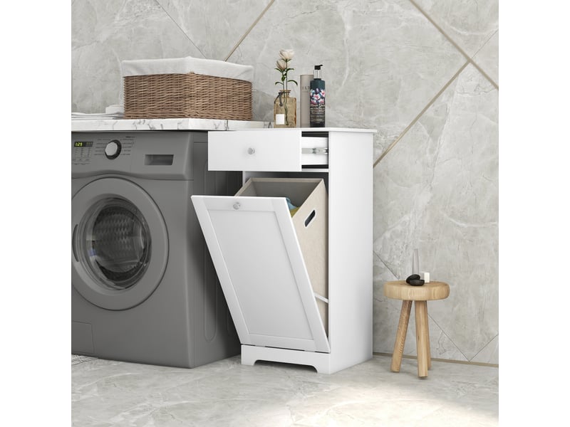 Meuble de salle de bain avec panier à linge et tiroir de rangement – 40 x 38 x 90,5 cm (l x l x h) – blanc - Conforama C