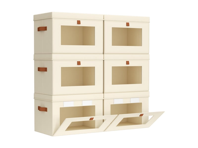  Lot de 6 bacs de rangement pliables en toile oxford beige avec fenêtre – organiseur pour vêtements et dressing  - Conforama A