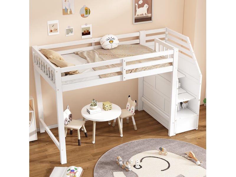  Lit mezzanine enfant 90 x 200 cm avec escalier de rangement en bois, blanc  - Conforama E