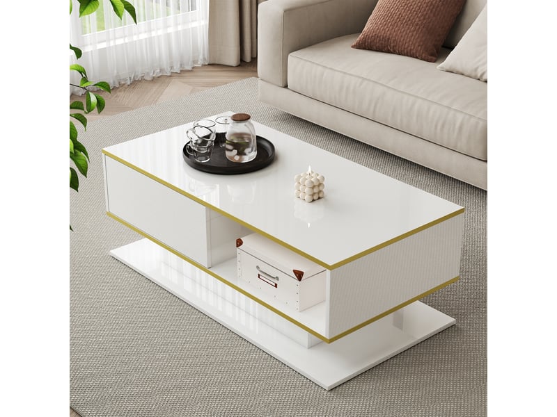 Table basse 100x50x40 cm avec éclairage led usb, 3 tiroirs et niche ouverte, panneaux de particules, blanc et doré ABC - Conforama E