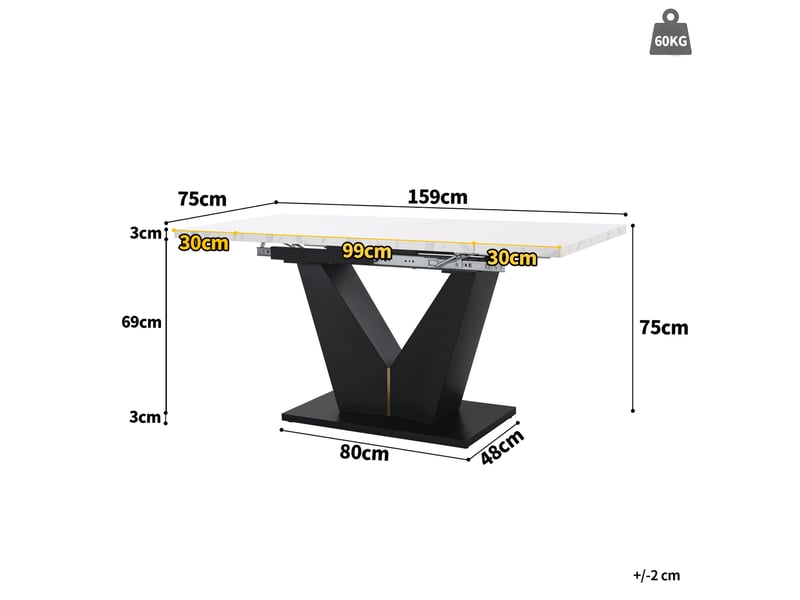  Table à manger extensible, 99-159x75 cm, table de cuisine plateau, plateau mdf, piètement métal, coloris blanc et noir  - Conforama C