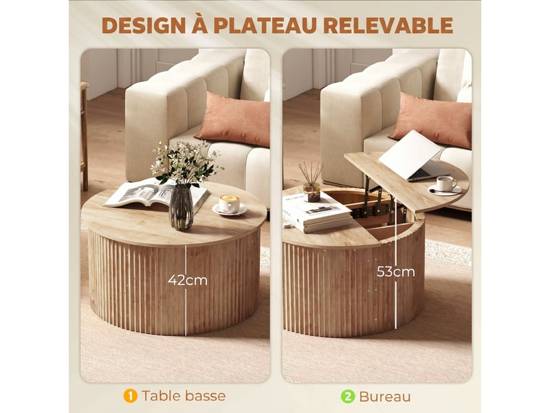  Table basse relevable, bois naturel, table de salon avec compartiment caché et plateau à fermeture douce  - Conforama D