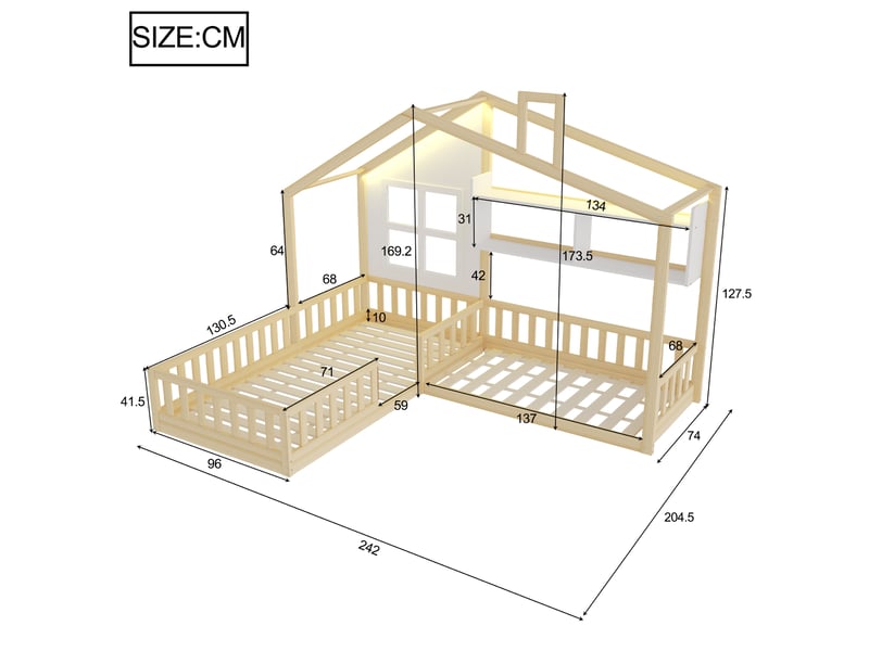  Lit enfant 90x200 cm (140x70 cm), coloris bois naturel et blanc, led, étagères et protection.  - Conforama B
