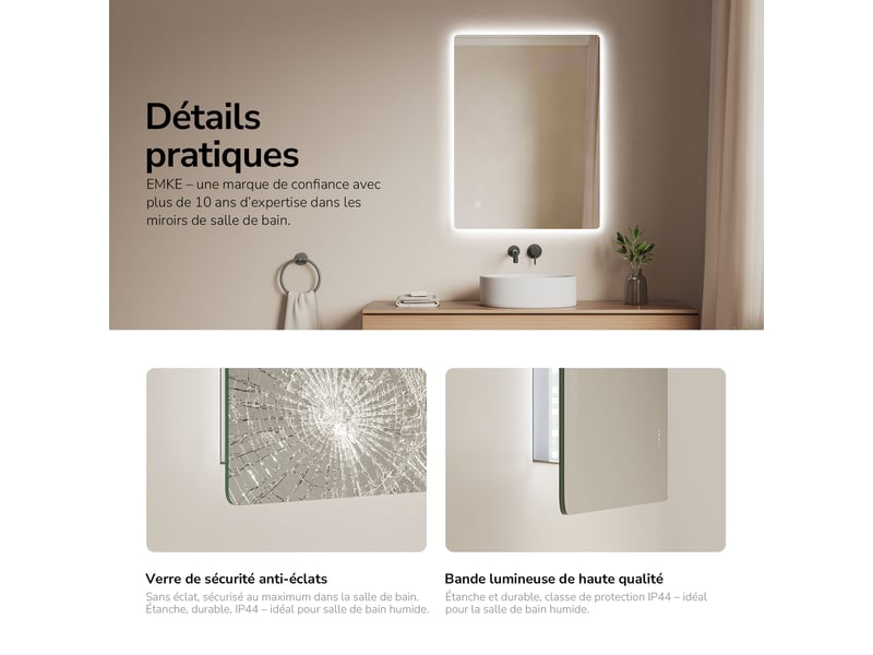  Emke miroir led salle de bain rétroéclairé 60 x 80 cm, interrupteur tactile, anti-buée, fonction mémoire, lumière blanc froid  - Conforama D