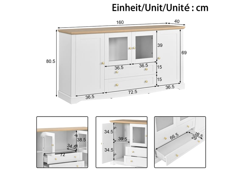 Buffet bas 160 x 40 x 80,5 cm en mdf avec led pilotable par application, 4 portes dont 2 vitrées et 2 tiroirs - blanc Fay Lum - Conforama C